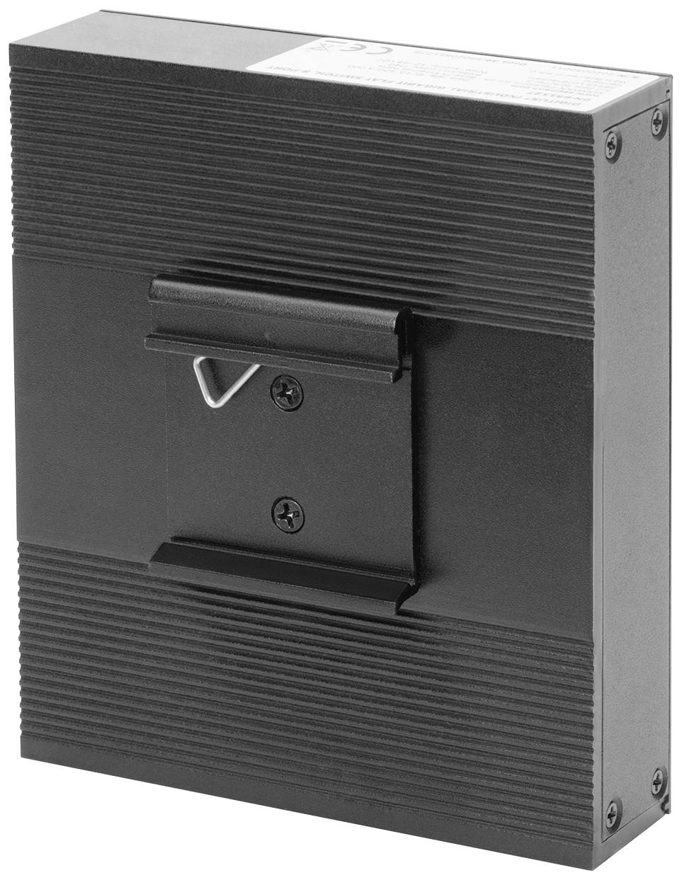 Un dispositivo rettangolare nero con involucro nervato e supporto sul retro.