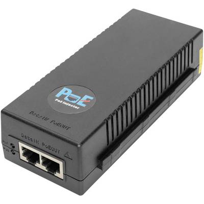 Iniettore PoE nero, rettangolare, con due porte Ethernet e un'etichetta in alto. Utilizzato per l'alimentazione e la trasmissione dati.