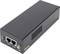 Un dispositivo di rete nero con due porte Ethernet e indicatori LED per 'AUX 1' e 'AUX 2', nonché un'uscita PoE.