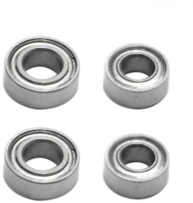 Quattro cuscinetti a sfera argentati, due più grandi e due più piccoli, raggruppati su sfondo bianco. Adatti per applicazioni tecniche.
