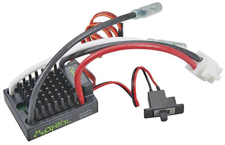 Regolazione elettronica della velocità (ESC) con dissipatore di calore e cavi per veicoli radiocomandati, connettori codificati a colori.