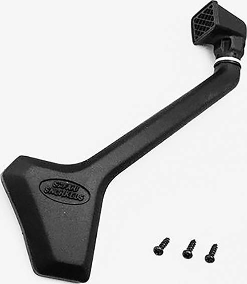 Un tubo di aspirazione nero e curvo per auto con tre viti corrispondenti. Il tubo reca l'iscrizione 'Safari Snorkels'.