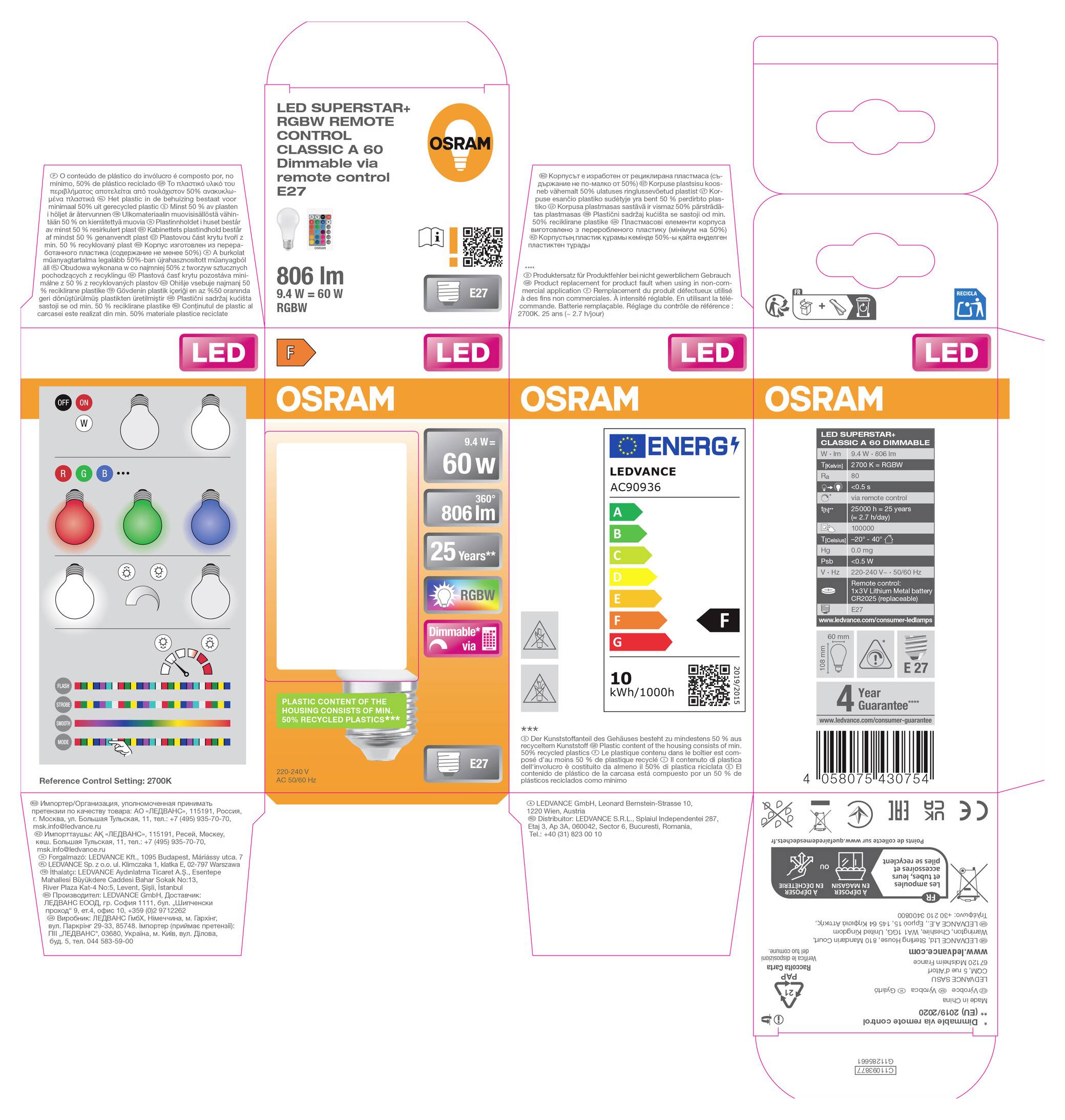 Collage di confezioni e etichette di lampadine a LED OSRAM, che mostrano il branding del prodotto, la potenza, l'output in lumen, la classificazione energetica e le informazioni d'uso su diversi pannelli della scatola.