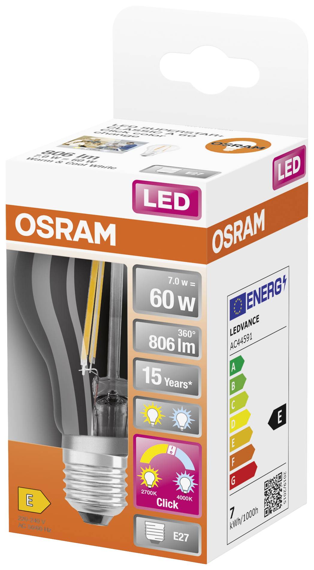 'Lampadina LED Osram, 7,0W = 60W, 806 Lumen, bianco caldo, attacco E27, classe energetica E, durata 15 anni, distribuzione luminosa a 360°.'