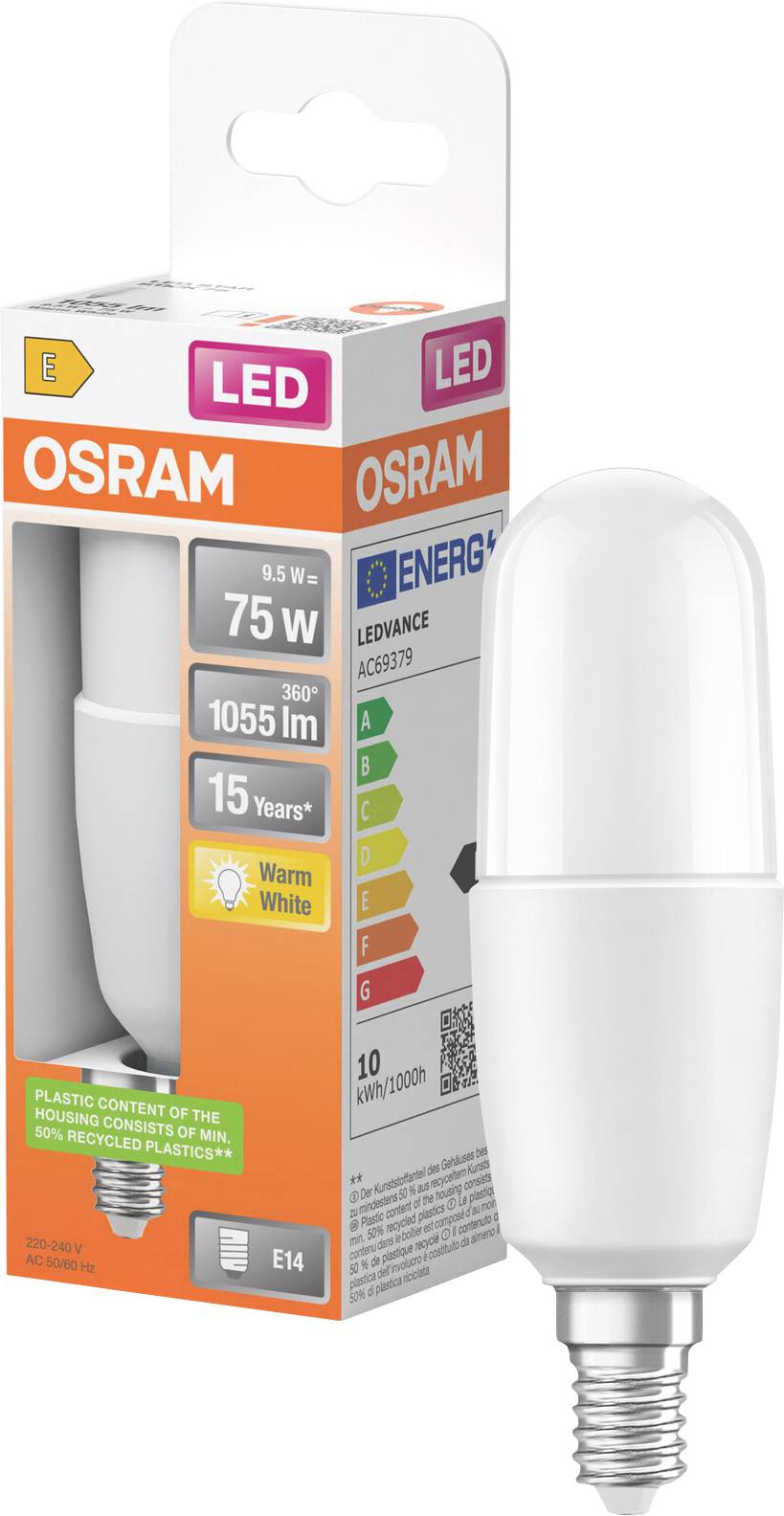 Lampadina LED OSRAM in confezione, che mostra una lampadina bianca calda E14 da 7,5W, 1055 lm con classificazione di efficienza energetica A+.