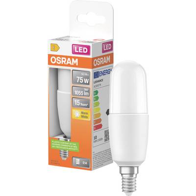 Lampadina LED OSRAM in confezione, che mostra una lampadina bianca calda E14 da 7,5W, 1055 lm con classificazione di efficienza energetica A+.