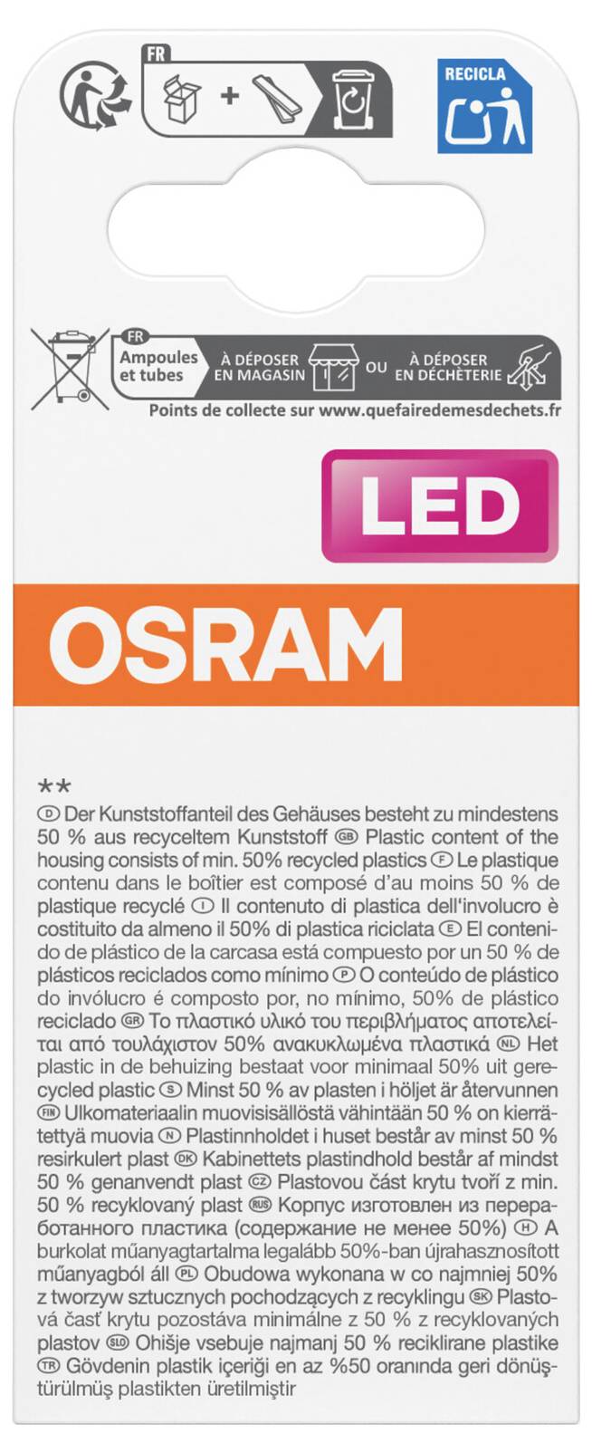 Scatola prodotto LED OSRAM con icone di riciclaggio e informazioni di smaltimento in italiano, incluso "Punti di raccolta su www.quefairedemesdechets.fr".