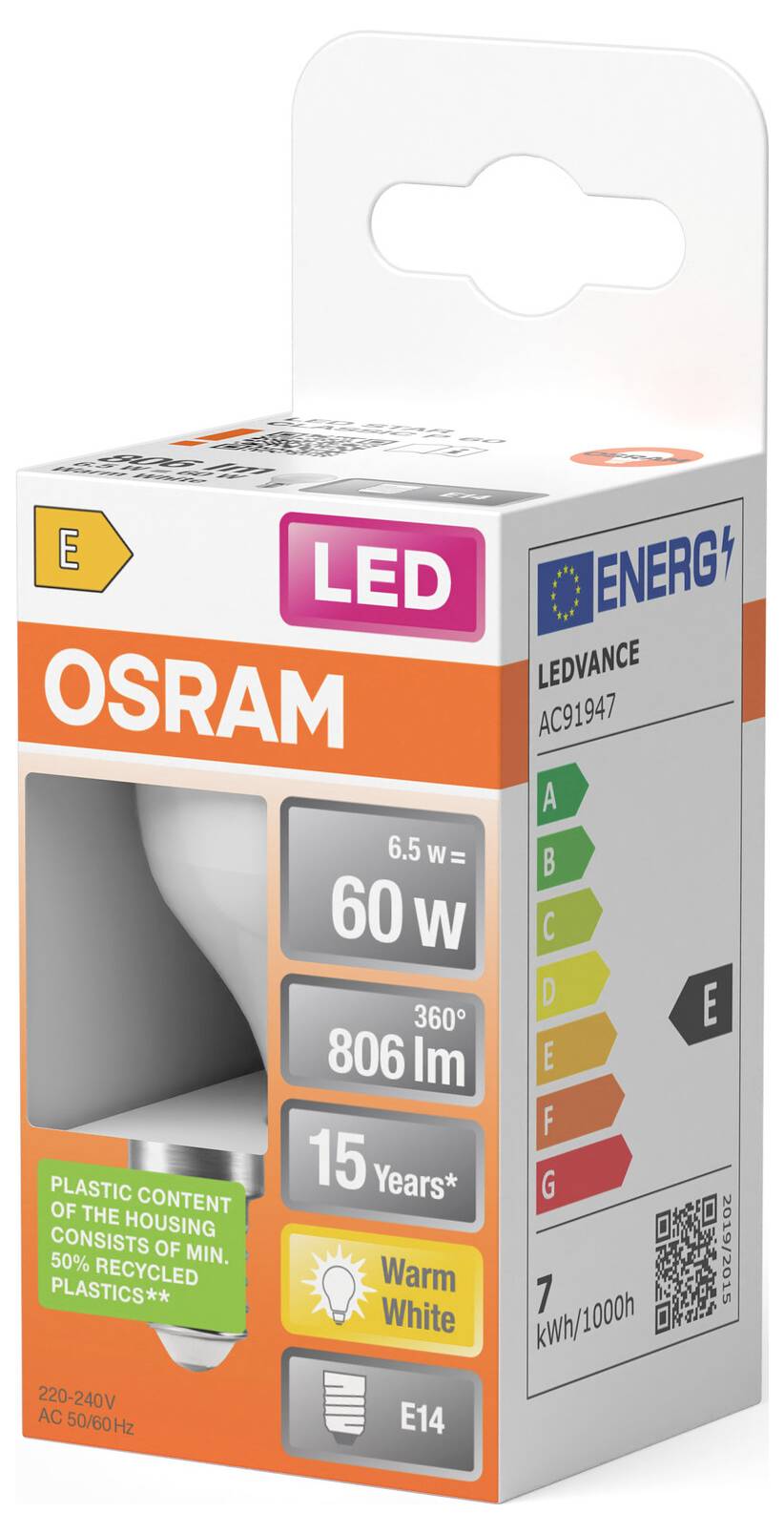 Confezione di lampadina LED OSRAM, che mostra una lampadina da 6,5W equivalente a 60W, 806 lumen, bianco caldo, 15 anni, e etichetta energetica UE di classe E.