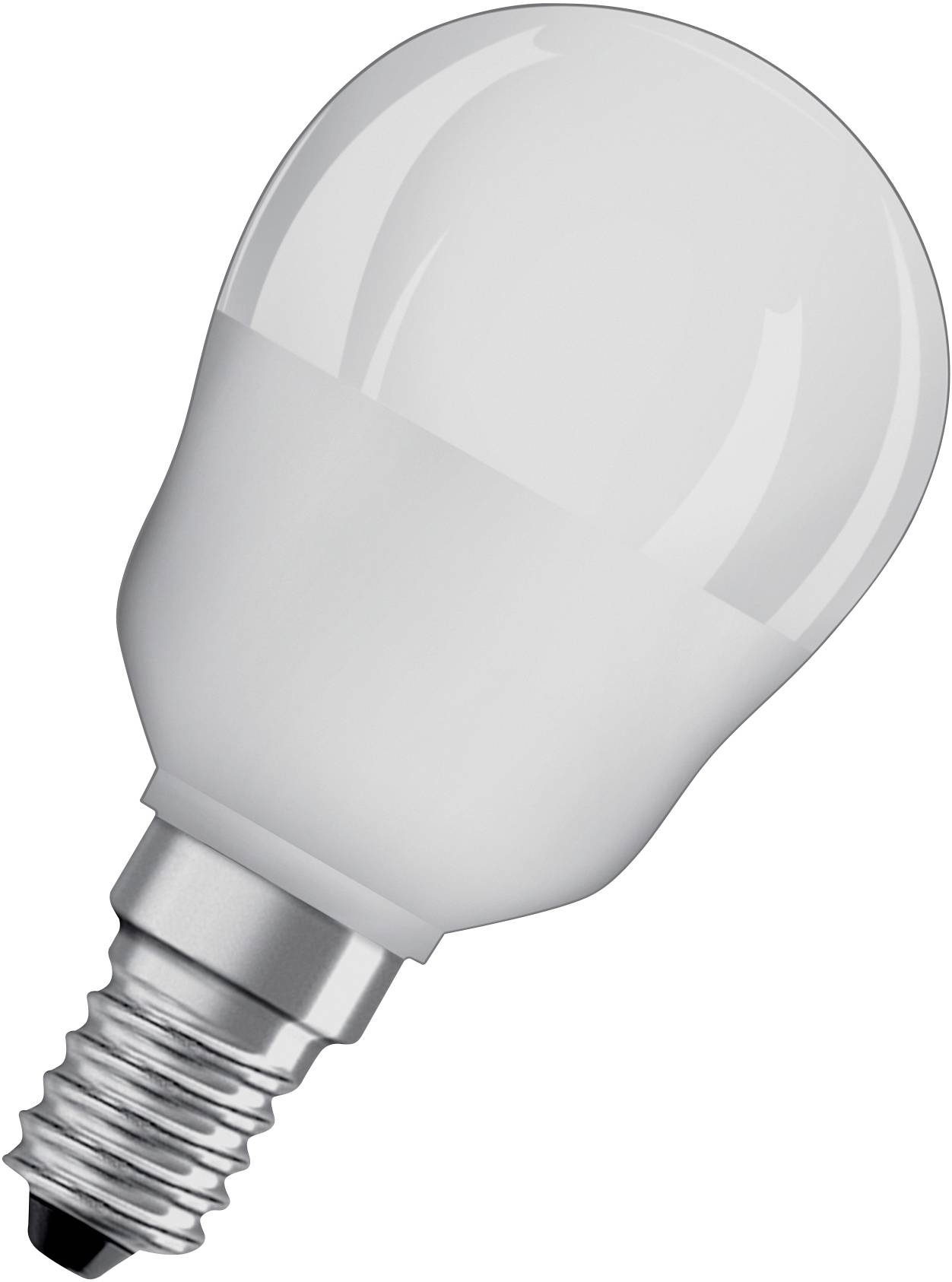 Lampadina LED bianca con attacco E14 argentato, raffigurata su sfondo bianco. Adatta al risparmio energetico.
