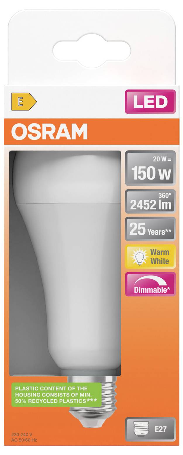 Confezione di lampadina LED OSRAM che mostra una lampadina dimmerabile bianca calda da 20 W con equivalente 150 W, 2452 lm, 25 anni, attacco E27.