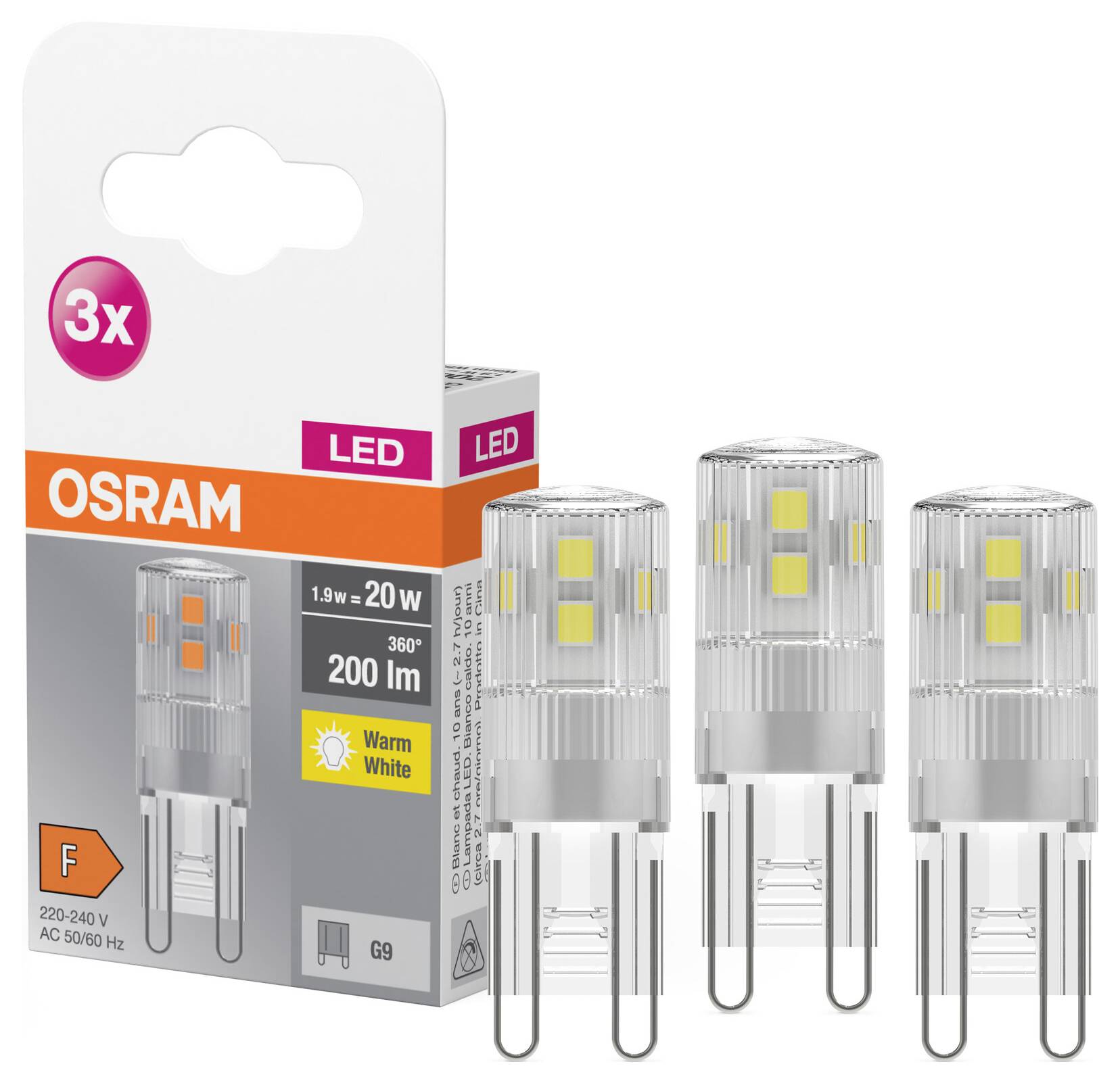 Set di lampadine LED OSRAM: Tre lampade G9, 1,9 W (equivalenti a 20 W), 200 lumen, luce calda, classe energetica F. Confezione riporta i dettagli.