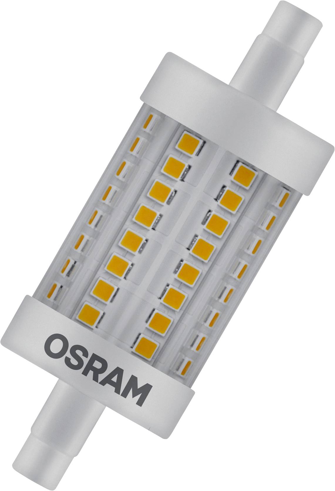 Una lampada LED cilindrica di OSRAM con diodi arancioni sulla superficie. Ideale per un'illuminazione a basso consumo energetico.