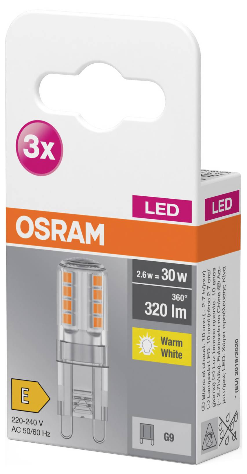 Confezione di lampada LED OSRAM. Contiene tre luci da 2,6W, equivalente a 30W, 320 lm, luce calda, attacco G9, classe di efficienza energetica E.