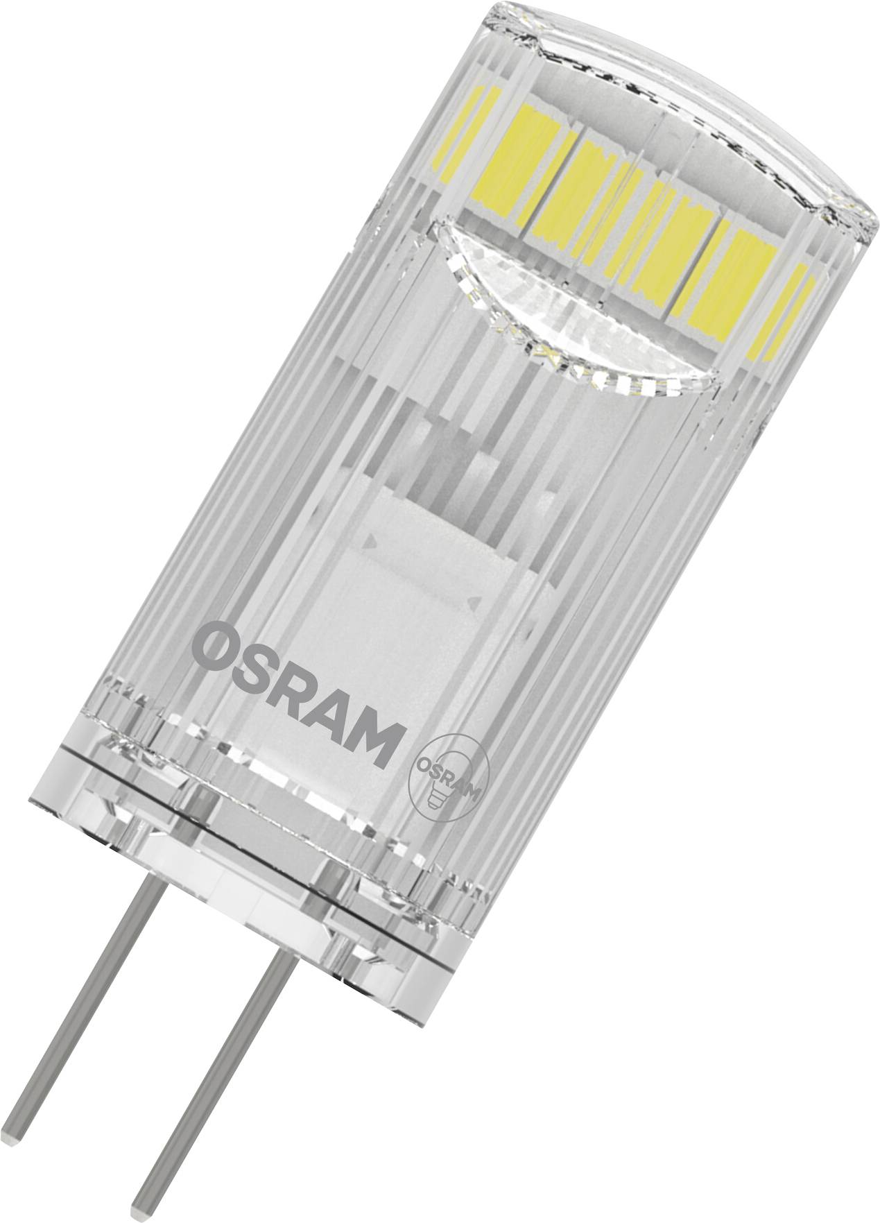 Una lampada LED trasparente con due piedini metallici e la scritta 'OSRAM', mostra l'elettronica al suo interno.
