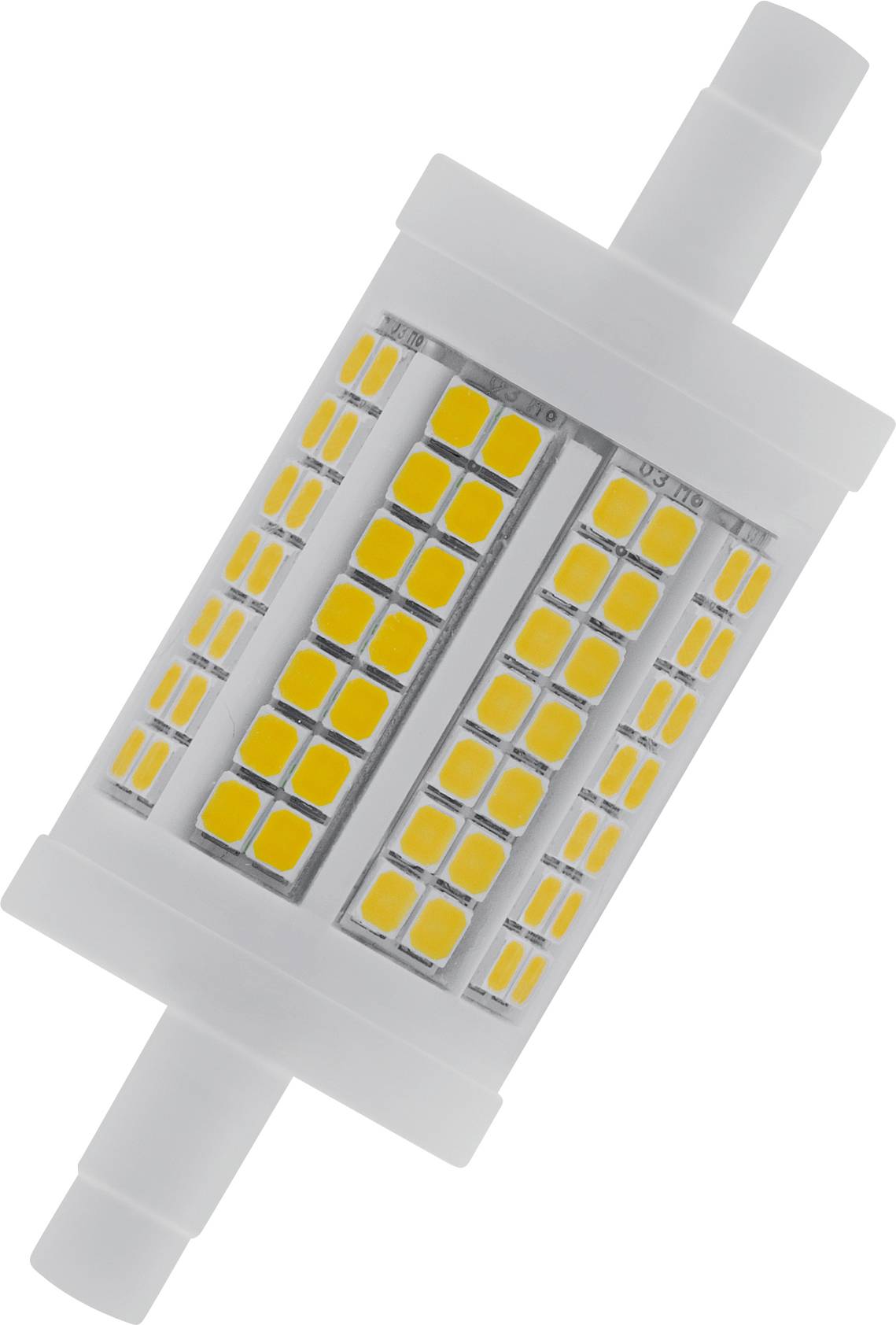 Lampada LED a forma cilindrica con più diodi gialli su un involucro trasparente, vista laterale.