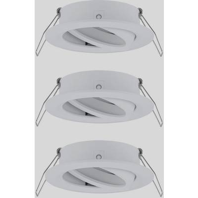 Tre faretti LED rotondi e bianchi con anello interno orientabile. Idonei per installazione a soffitto, con illuminazione da moderata a intensa.