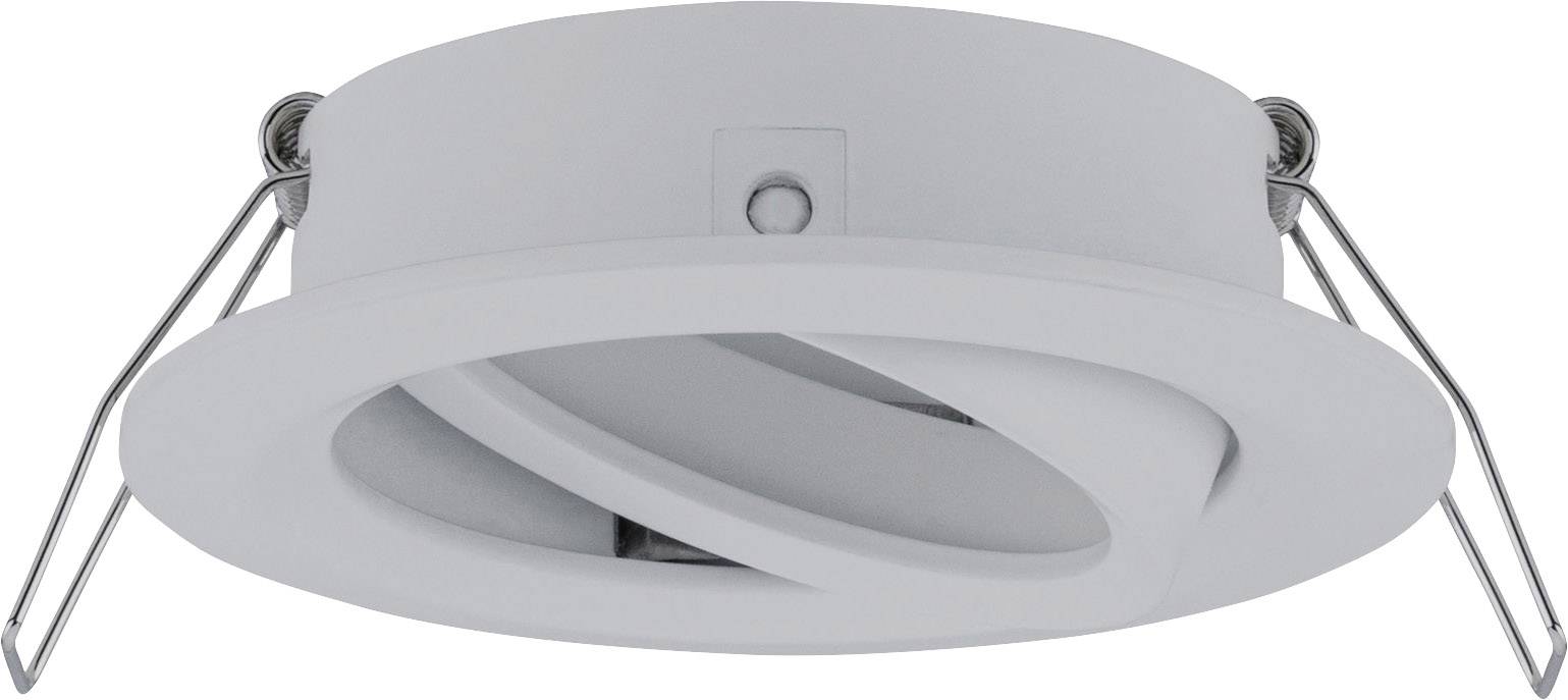 Un faretto da soffitto bianco, rotondo, con anello interno regolabile e due morsetti a molla per il montaggio.