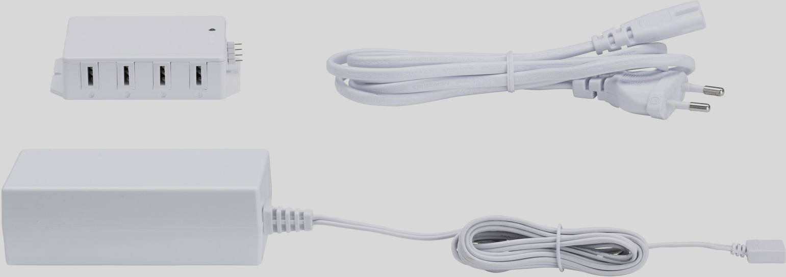 Caricabatterie bianco con quattro porte USB e cavo di alimentazione rimovibile. Adatto per caricare contemporaneamente più dispositivi.