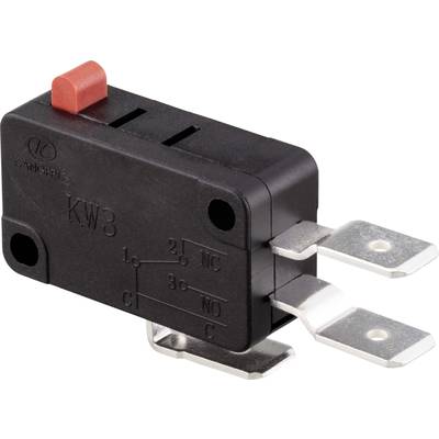 Un microinterruttore con leva rossa, due connettori metallici e alloggiamento nero. Etichette: KW3, C, NO, NC sul lato.