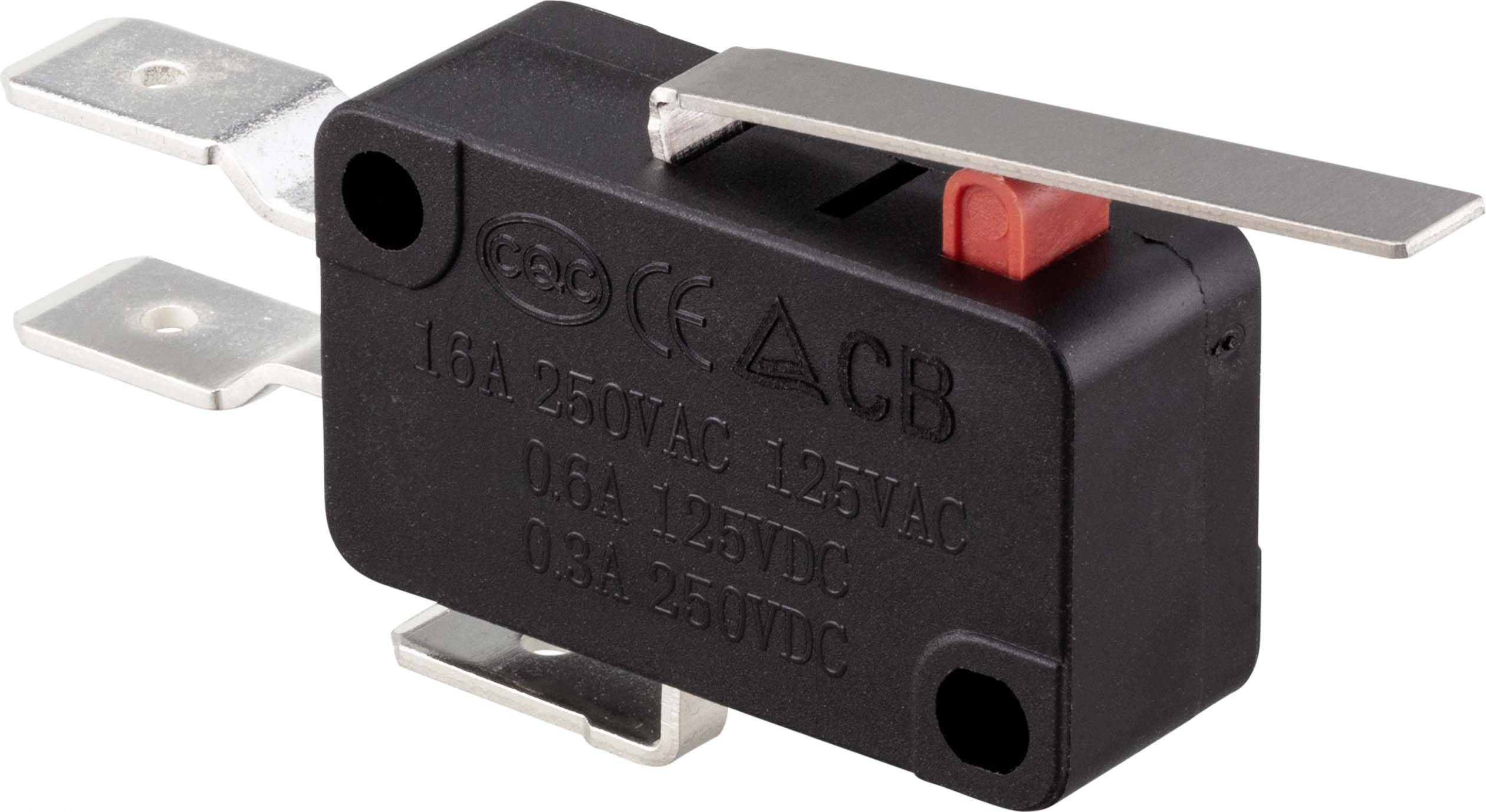 Un interruttore a pulsante nero con leva metallica e pulsante rosso, idoneo per applicazioni da 15A 250VAC, 0,6A 125VDC e 0,3A 250VDC.
