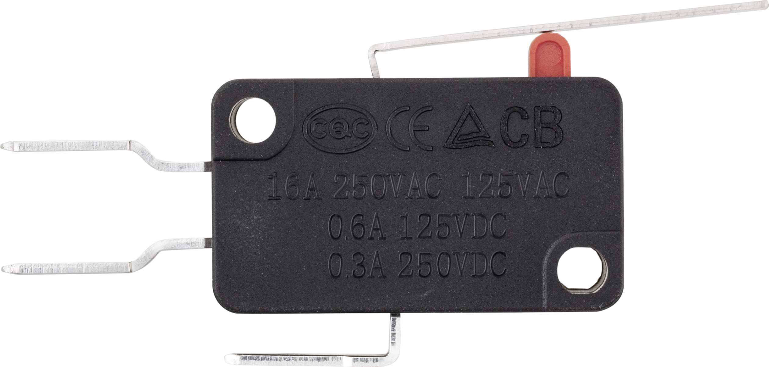 Un microinterruttore nero con leve metalliche e specifiche tecniche stampate, tra cui '16A 250VAC' e '125VAC'.
