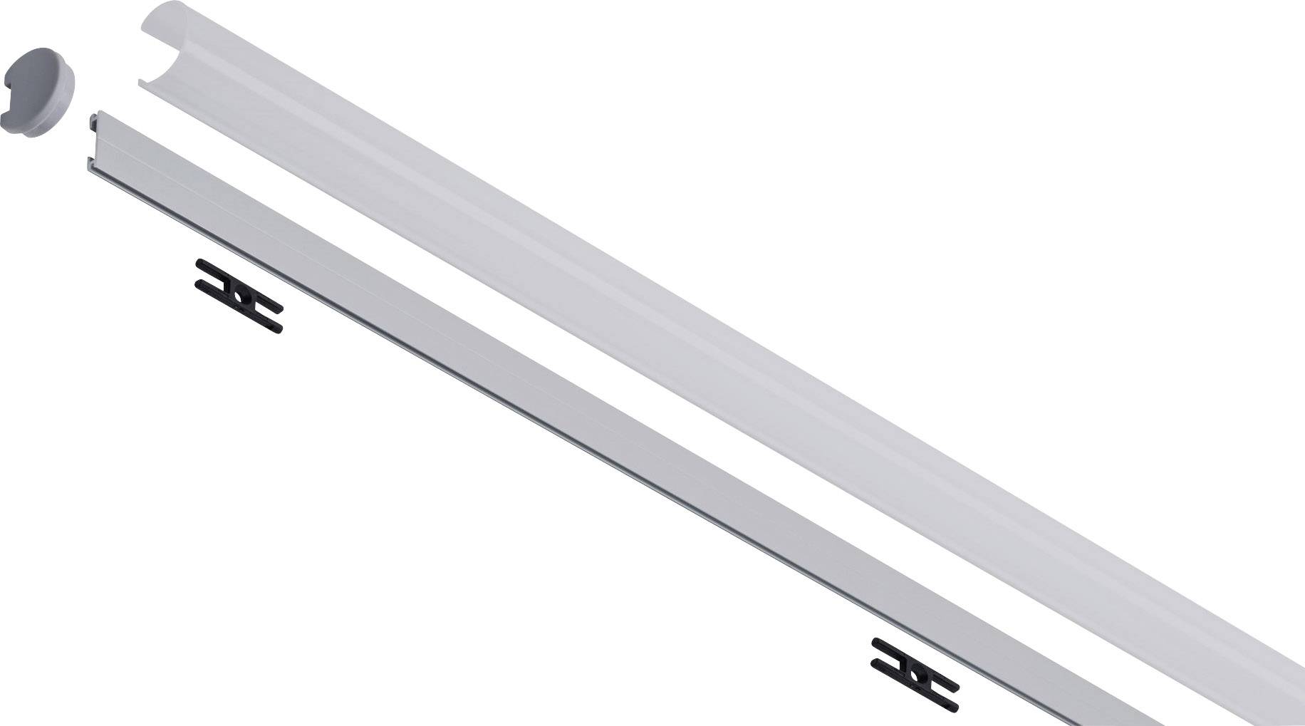 Un profilo in alluminio per LED con copertura opale e tappi terminali, progettato per garantire una distribuzione uniforme della luce.