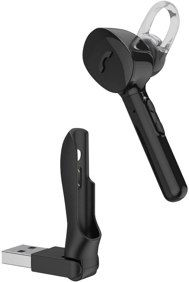 Cuffia Bluetooth nera con stazione di ricarica USB. La cuffia dispone di ganci auricolari per un fissaggio sicuro e viene inserita verticalmente nella stazione di ricarica.