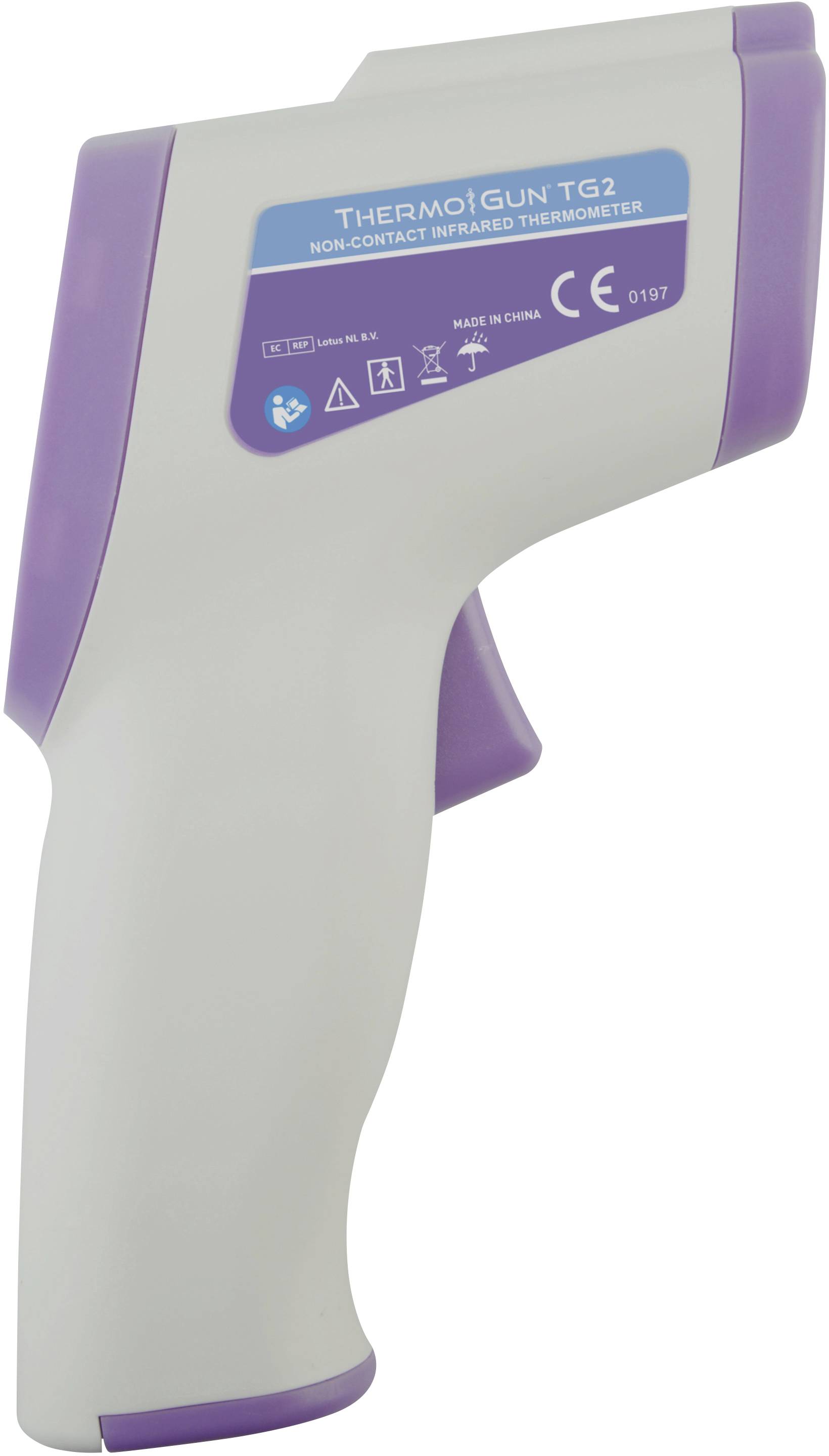 Termometro a infrarossi a forma di pistola con accenti viola e scritta 'ThermoGun TG2' per la misurazione della temperatura senza contatto.