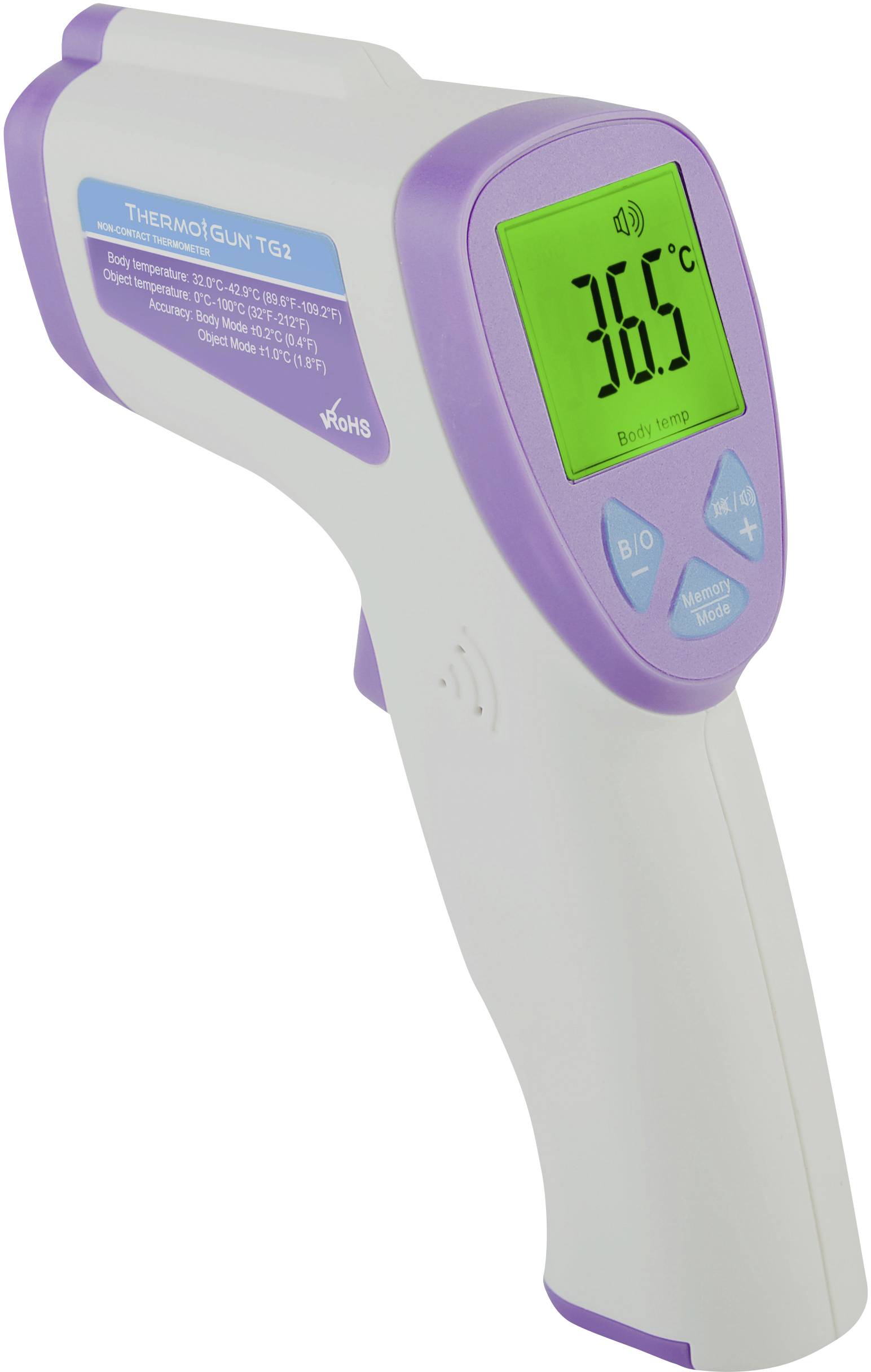 Termometro a infrarossi senza contatto, display illuminato in verde che mostra 36,6 °C, utile per misurazioni rapide della temperatura.