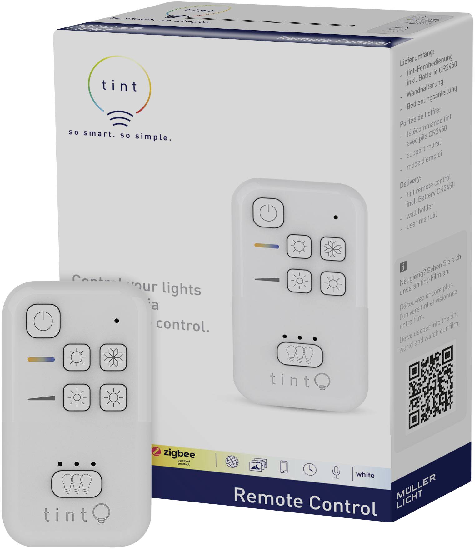 Telecomando e confezione di 'tint' per il controllo dell'illuminazione, inclusi pulsanti per la luminosità e le modalità di illuminazione.