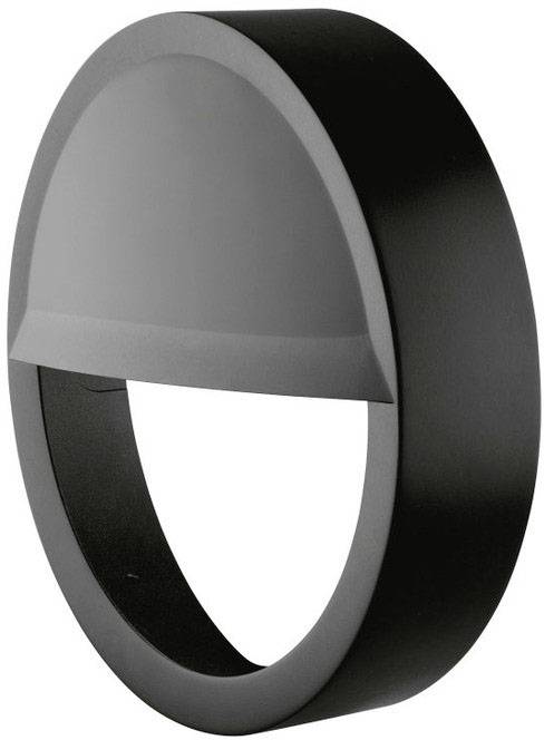 Un applique da parete rotondo, nero, con un diffusore semitondo opaco. È di design moderno e si installa a parete.