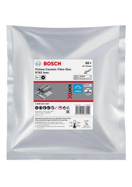 Confezione di un disco in fibra ceramica Bosch Prisma R782 Inox, idoneo per la lavorazione dei metalli, granulometria 60, diametro 115 mm.