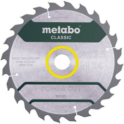 Lama per sega circolare Metabo Classic Power Cut per legno con 24 denti, marcatura 235 mm, vista frontale su sfondo bianco.