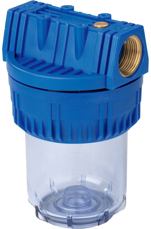 Alloggiamento filtro acqua blu con cartuccia inferiore trasparente e ingresso filettato in ottone, mostrato su sfondo bianco.