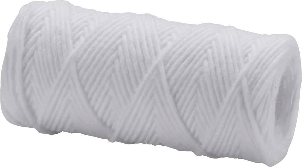 Una bobina di filo bianco con una trama a motivo diamante su uno sfondo neutro.