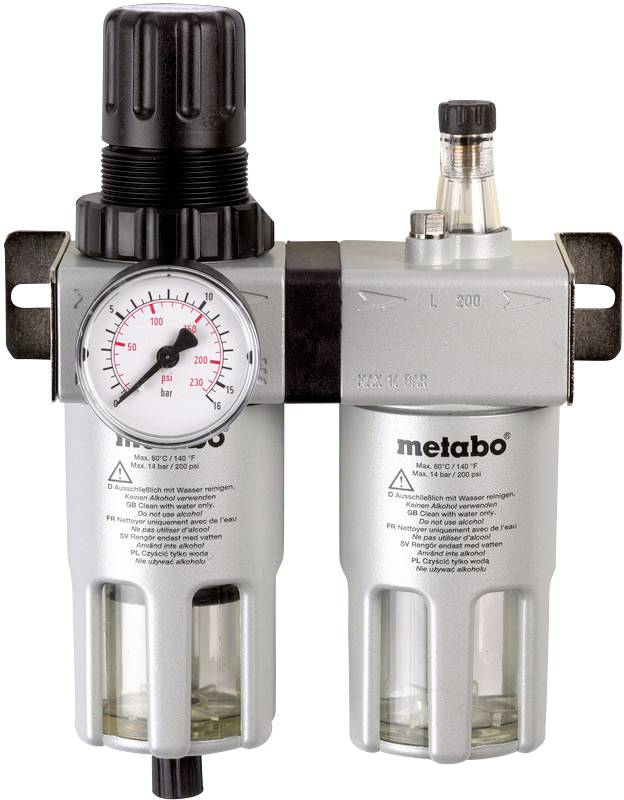 Regolatore di filtro ad aria compressa con manometro e separatore d'acqua; ciascuno con involucro trasparente per il controllo del contenuto, marca 'Metabo'.