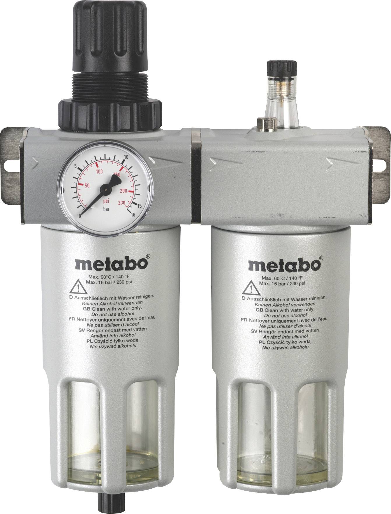 'Unità di manutenzione ad aria compressa con manometro e due filtri, contrassegnata con "metabo" per il monitoraggio e la manutenzione degli utensili pneumatici.'