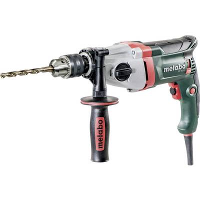 Trapano Metabo elettrico con maniglia laterale e punta per trapano su sfondo bianco.