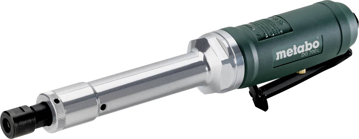 Smerigliatrice angolare Metabo verde con albero lungo argentato e maniglia laterale nera, mostrata su uno sfondo bianco.