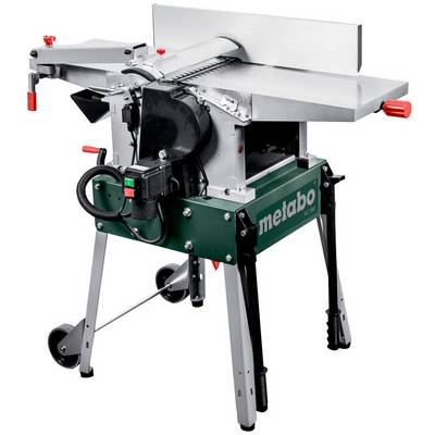 Sega da tavolo Metabo portatile con superficie di lavoro in metallo, guida e supporto su sfondo bianco.