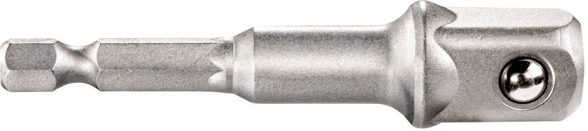 Un adattatore per mandrino in argento con asta esagonale e bloccaggio a sfera. Utilizzato per il collegamento di accessori per utensili.