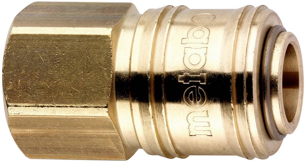 Raccordo rapido in ottone di Metabo, forma cilindrica con superficie zigrinata, contrassegnato con 'metabo'.