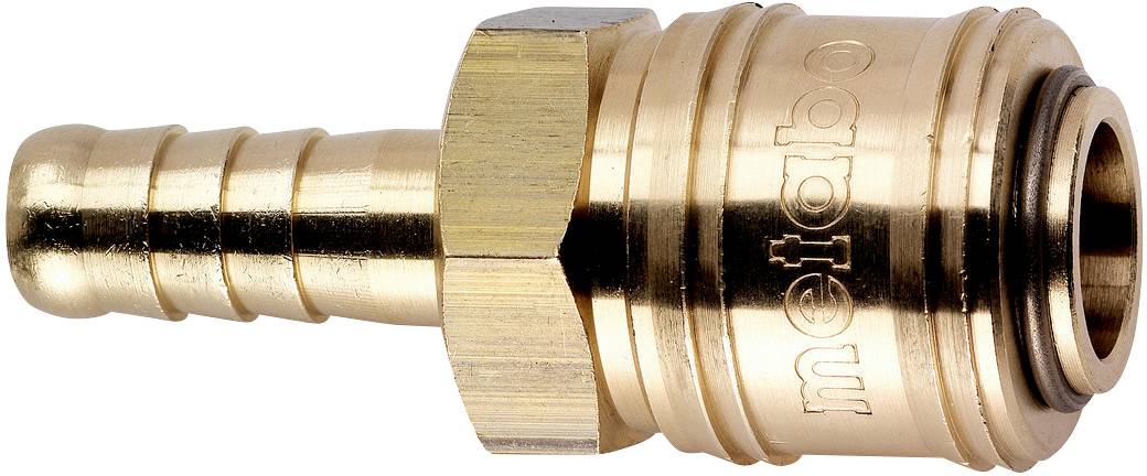 Raccordo rapido in ottone con filettatura esterna e marchio 'metabo' sul lato. Utilizzato per collegare tubi pneumatici o idraulici.