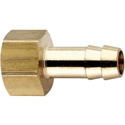 Un raccordo per tubo in ottone color oro con dado esagonale e estremità liscia scanalata per il collegamento a tubi.