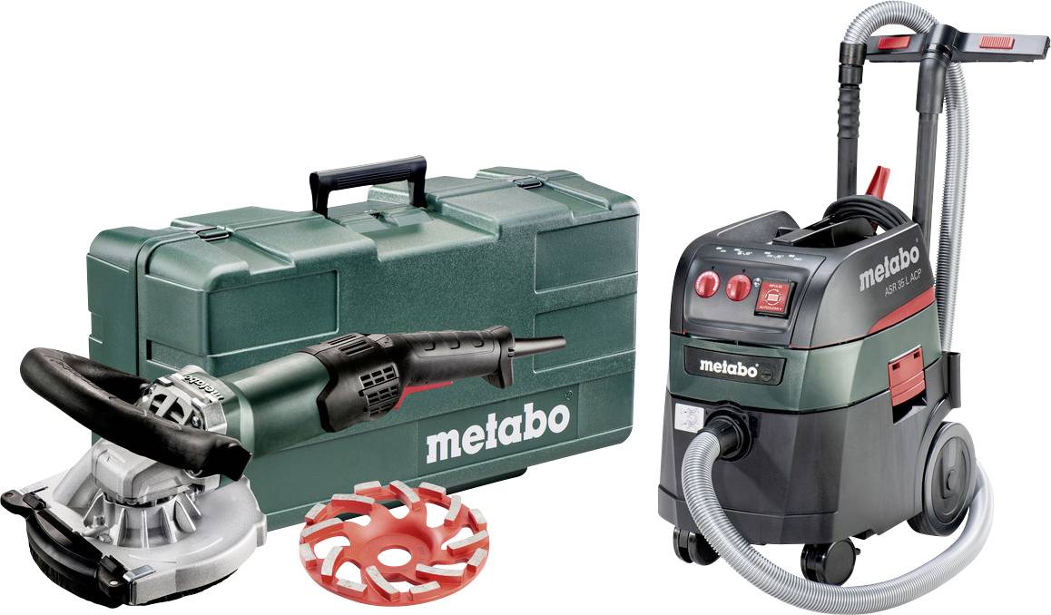 Set di utensili elettrici Metabo: smerigliatrice angolare con protezione, disco diamantato, valigetta di trasporto e aspirapolvere bagnato/asciutto su sfondo bianco.