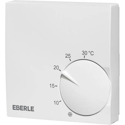 Termostato rotativo bianco Eberle con intervallo di temperatura da 10°C a 30°C. Il regolatore è impostato su 20°C. Simbolo del fiocco di neve in basso.