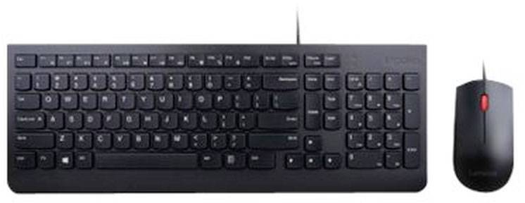 Una tastiera cablata nera accanto a un mouse cablato nero, entrambi progettati ergonomicamente per un utilizzo confortevole.