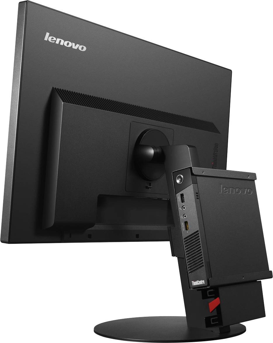 Veduta posteriore di un monitor Lenovo con un mini PC ThinkCentre montato sul retro.