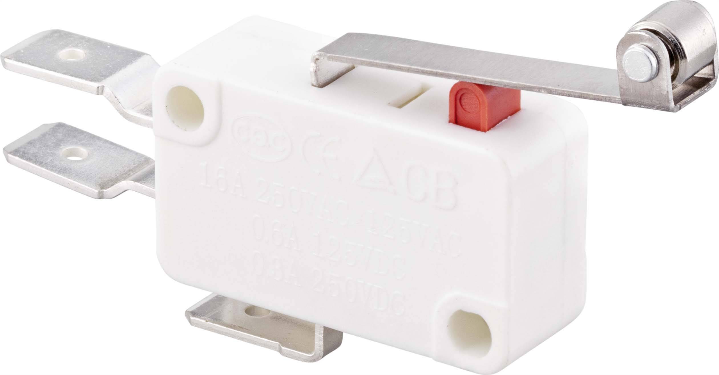 Un microinterruttore bianco con leva e tre terminali metallici; spesso utilizzato per il controllo in dispositivi elettrici.