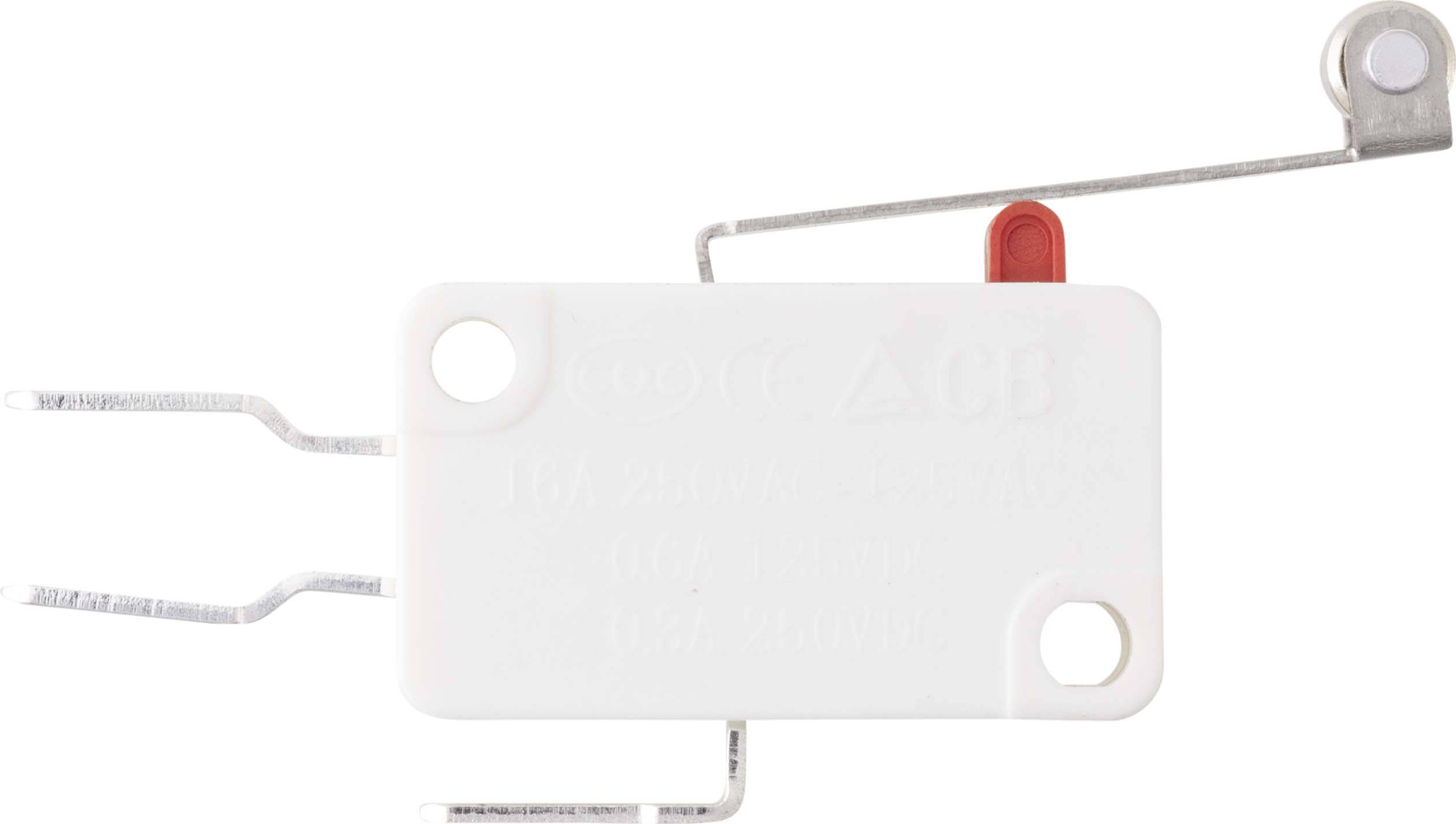 Un piccolo interruttore microswitch rettangolare con componenti bianche e rosse.
